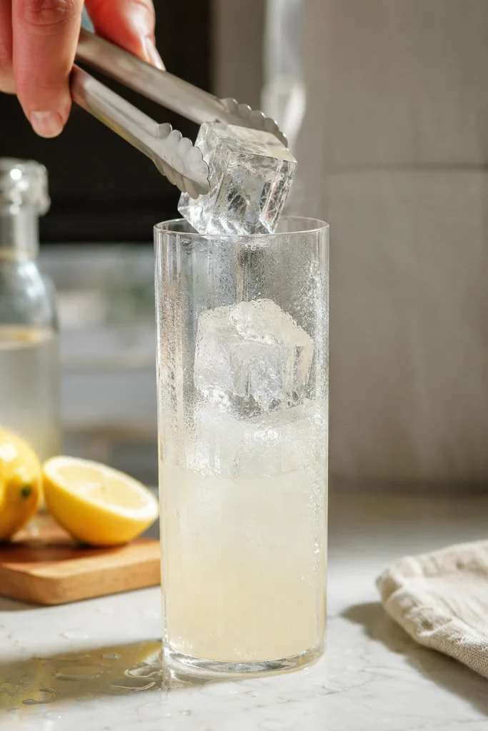 Ice tongs placing a large clear ice cube into a Collins glass with pale lemon cocktail base and condensation on the glass.