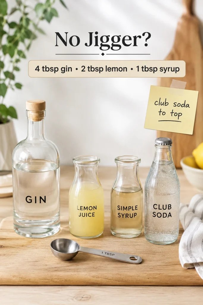 No-jigger Tom Collins measurement guide with gin, lemon juice, simple syrup, club soda, and a tablespoon measure on a wooden countertop.