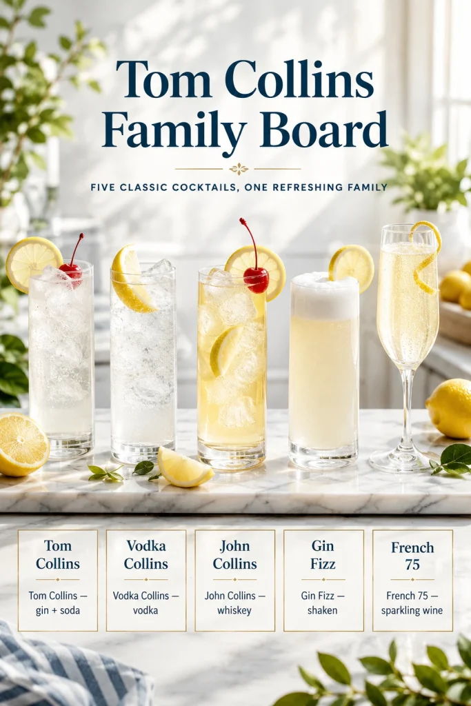 Tom Collins family board with five labeled drinks: Tom Collins, Vodka Collins, John Collins, Gin Fizz, and French 75 on a bright marble counter.