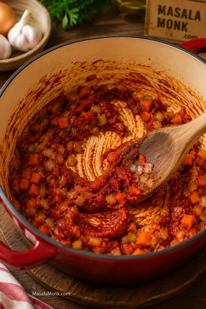 Tomato paste cooked with onion, carrot, and celery in a pot, with a wooden spoon dragging through the red paste.