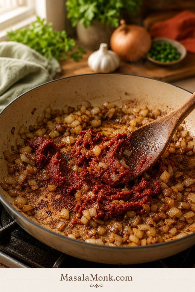Tomato paste, onions, and garlic cooking in a skillet with a wooden spoon.