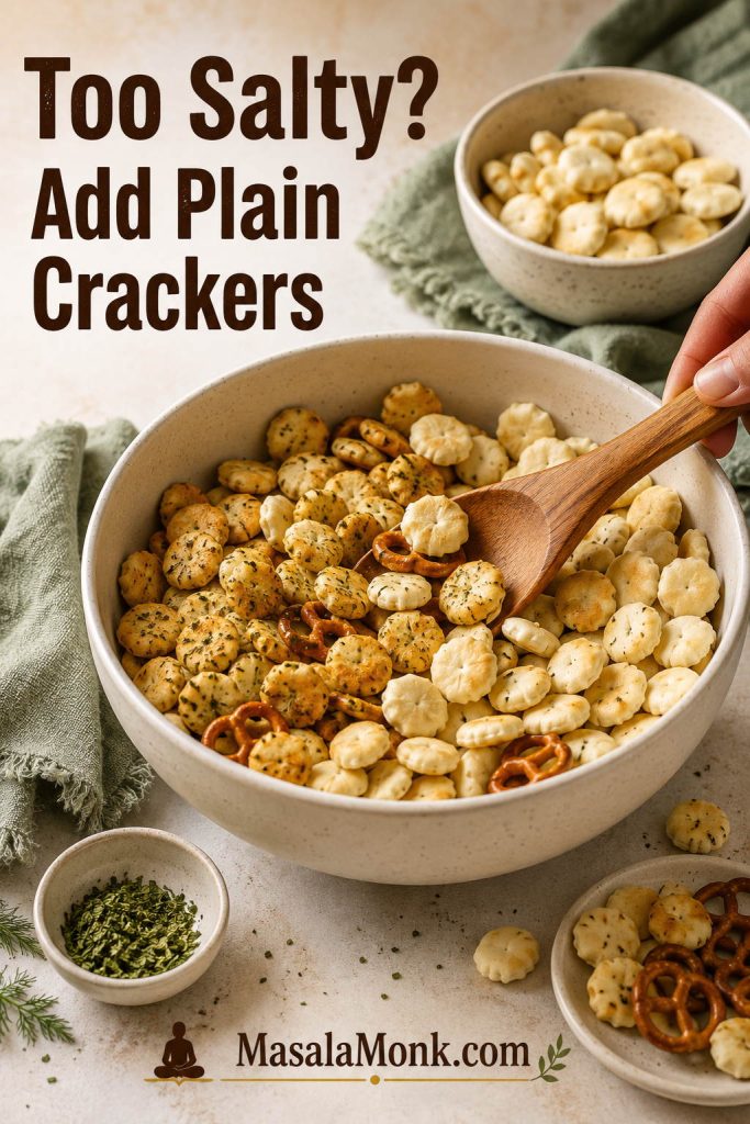 Seasoned ranch oyster crackers mixed with plain crackers and pretzels in a bowl to reduce saltiness.
