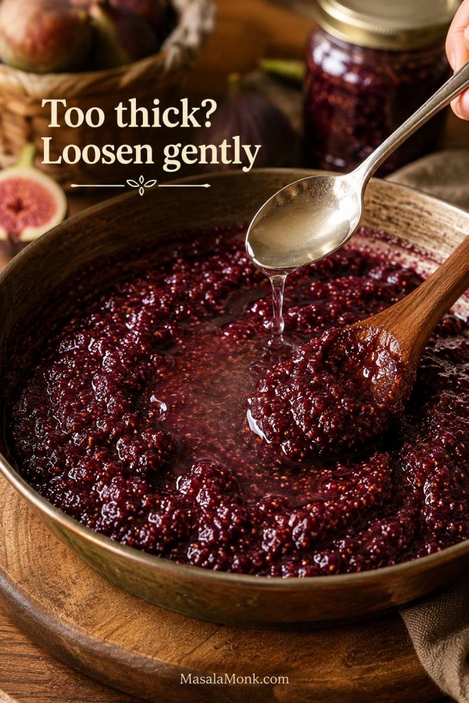 Thick fig jam being loosened with a small amount of liquid from a spoon.