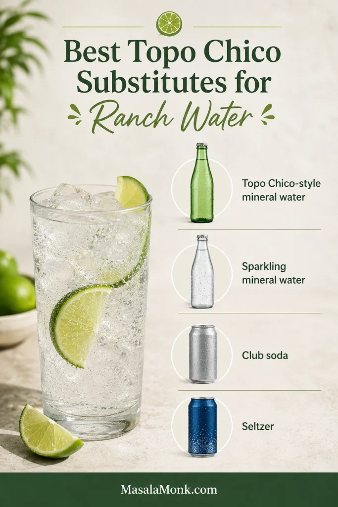 Ranch Water glass beside labeled options for Topo Chico-style mineral water, sparkling mineral water, club soda, and seltzer.