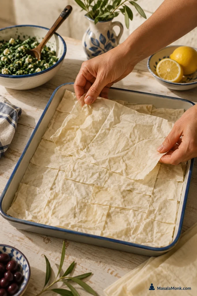 Hands layering torn and overlapping sheets of phyllo in the bottom of a rectangular baking pan.
