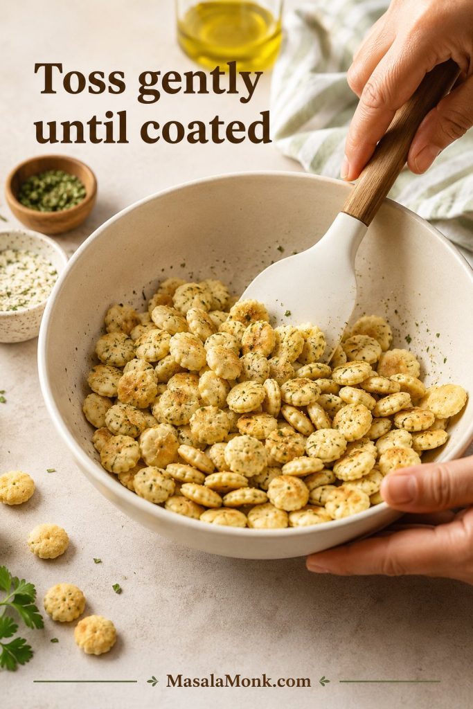 Hands gently tossing oyster crackers with ranch seasoning oil in a large cream mixing bowl.