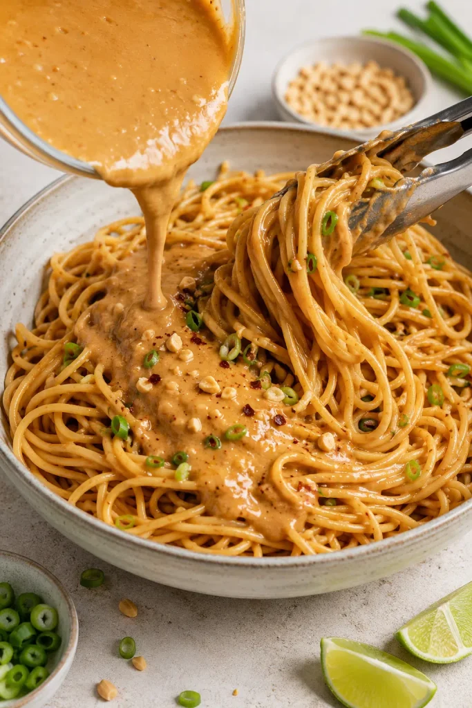 Peanut sauce being poured over noodles while tongs lift and turn the strands in a bowl