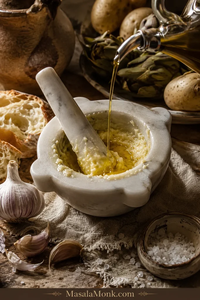 Traditional aioli being made in a mortar and pestle with garlic paste, coarse salt, olive oil, bread, potatoes, and artichokes nearby.