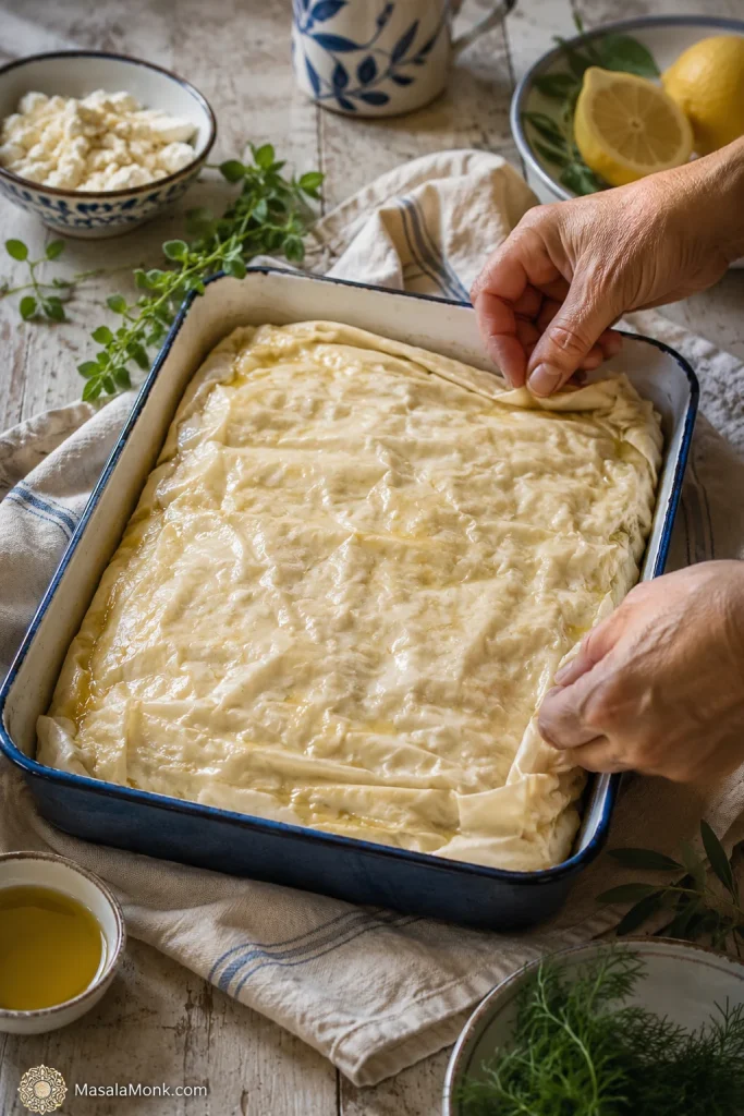 Hands folding and tucking the top phyllo edges into a rectangular pan before baking.