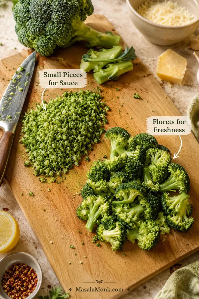 Cutting board with finely chopped broccoli and stems on one side and larger broccoli florets on the other, labeled “Small Pieces for Sauce” and “Florets for Freshness.”