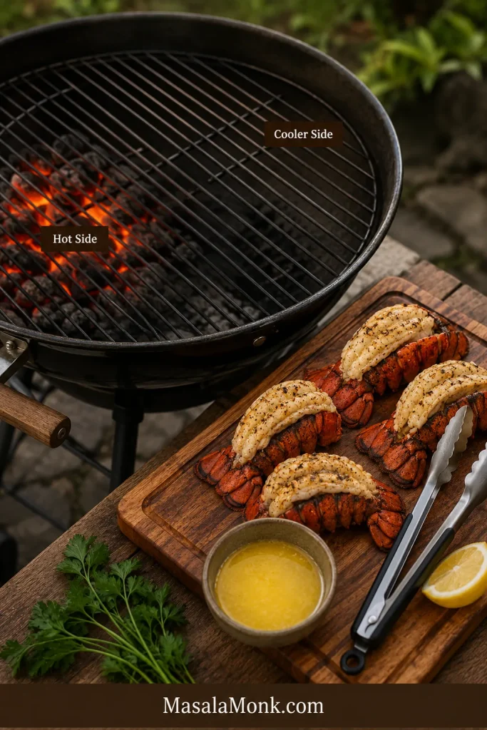 Two-zone grill setup showing a hot side and cooler side for grilling lobster tails.