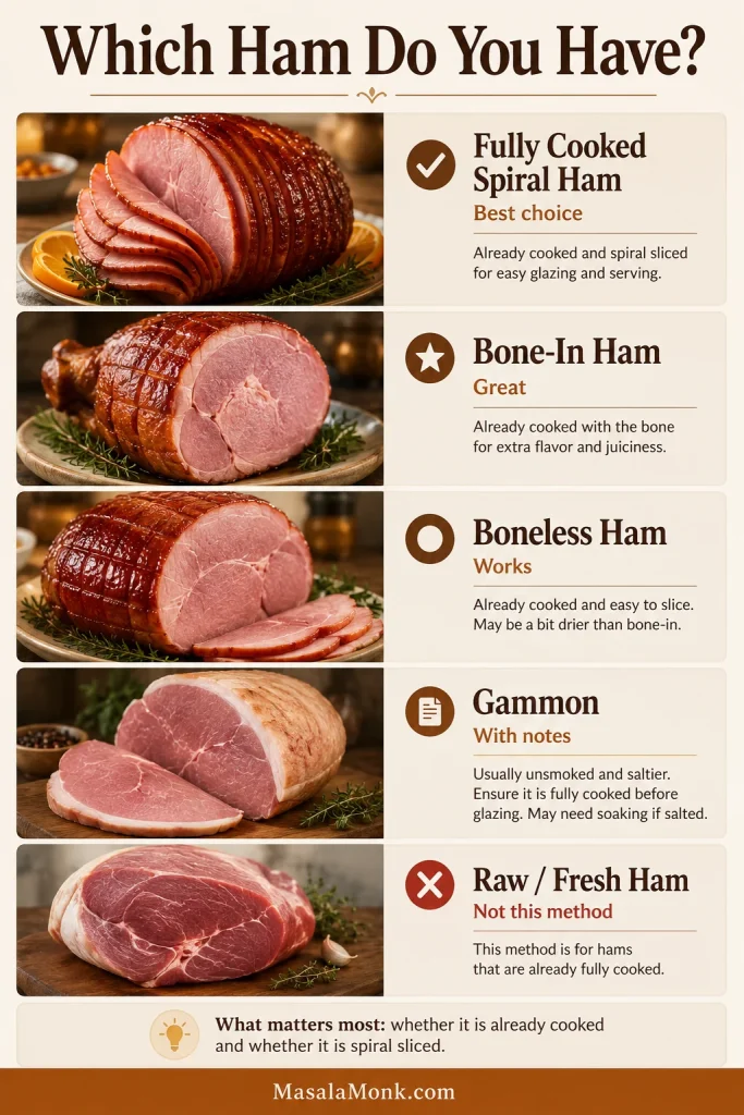 Comparison guide showing fully cooked spiral ham, bone-in ham, boneless ham, gammon, and raw or fresh ham.