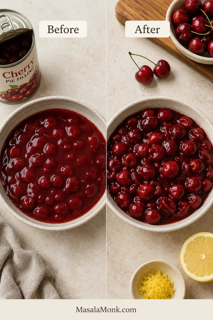 Before and after comparison of canned cherry pie filling, with a smoother canned version beside a brighter upgraded version with more cherries.