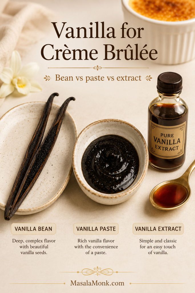 Comparison of vanilla options for crème brûlée, showing vanilla bean, vanilla bean paste, and vanilla extract.