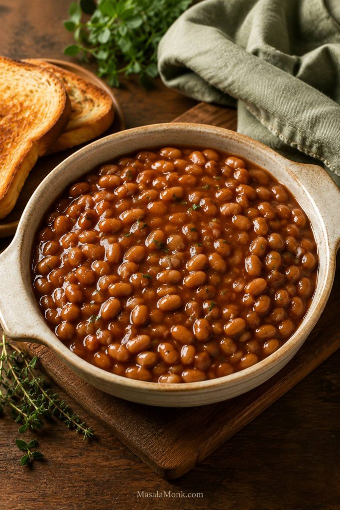 Vegan baked beans in a cream dish with toast nearby.