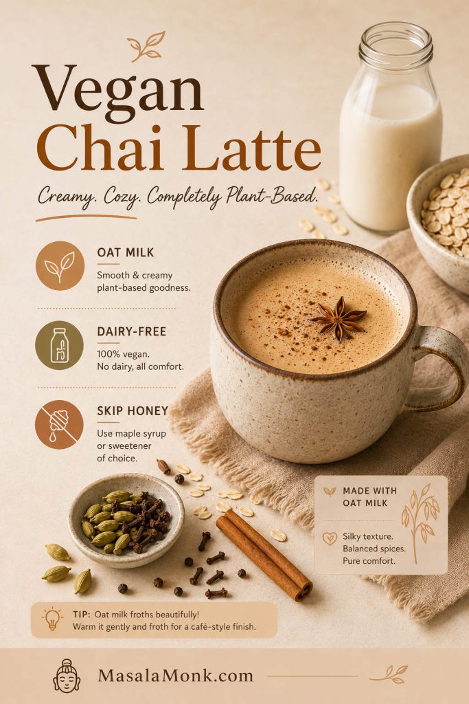 Vegan chai latte made with oat milk, shown with a creamy chai mug, oats, an unbranded plant milk bottle, cardamom, cinnamon, cloves, and ginger.