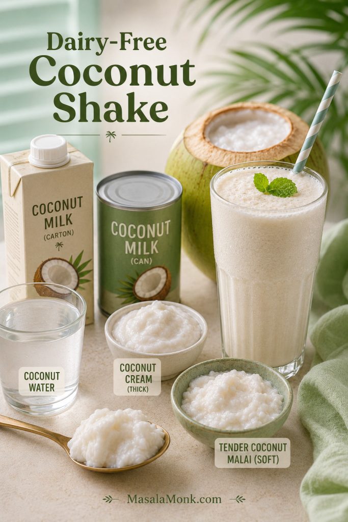 Dairy-free coconut shake with coconut milk options, coconut cream, tender coconut malai, and coconut water.
