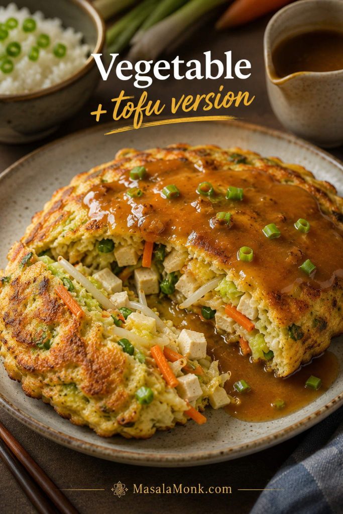 Vegetable and tofu Egg Foo Young patty cut open with tofu cubes, bean sprouts, cabbage, carrot, scallions, and brown gravy.