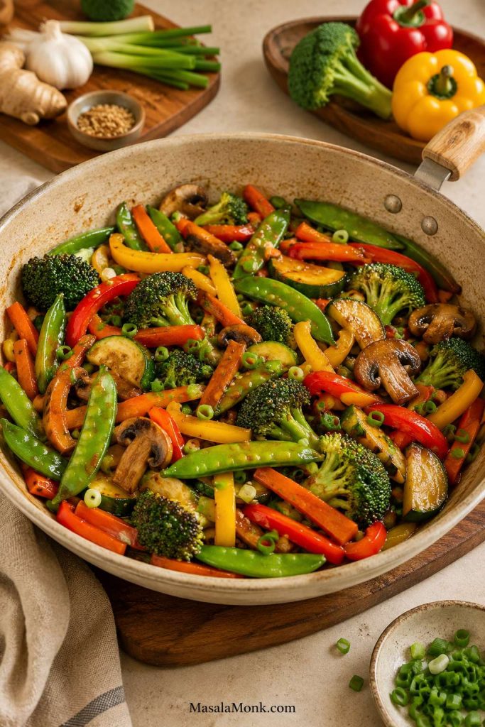 Colorful vegetable-only stir-fry with broccoli, red and yellow peppers, carrots, mushrooms, snap peas, zucchini, scallions, and a light glossy sauce.