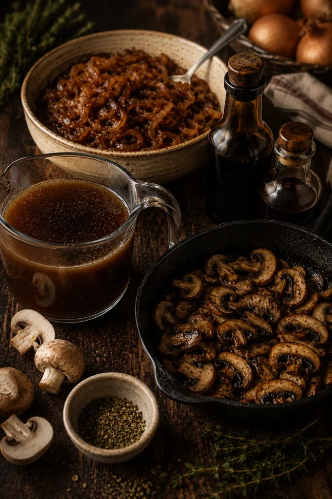 Mushroom broth, browned mushrooms, tamari, and caramelized onions for vegetarian French onion soup.