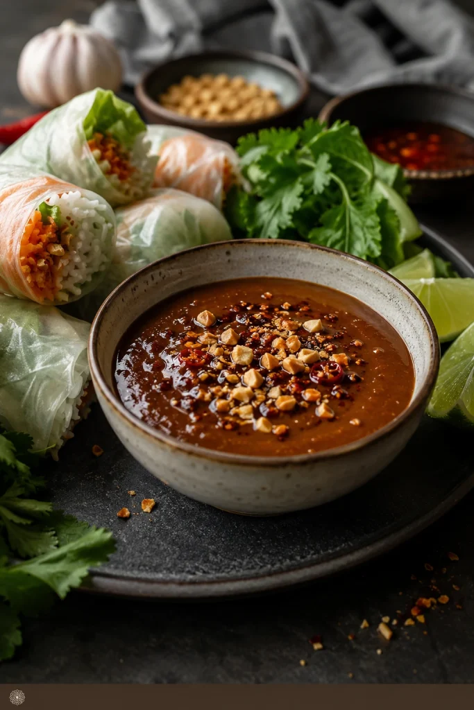 Dark Vietnamese-style hoisin peanut sauce served with rice paper rolls and crushed peanuts.