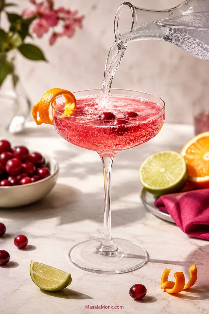 Virgin Cosmopolitan mocktail with cranberry, citrus garnish, and sparkling water being poured into a coupe glass.