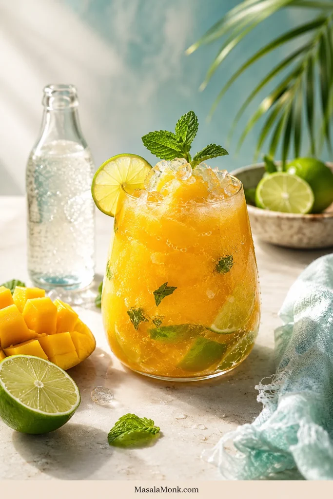 Non-alcoholic mango daiquiri mocktail in a stemless glass with crushed ice, lime, mint, mango pieces, and an unbranded sparkling water bottle.