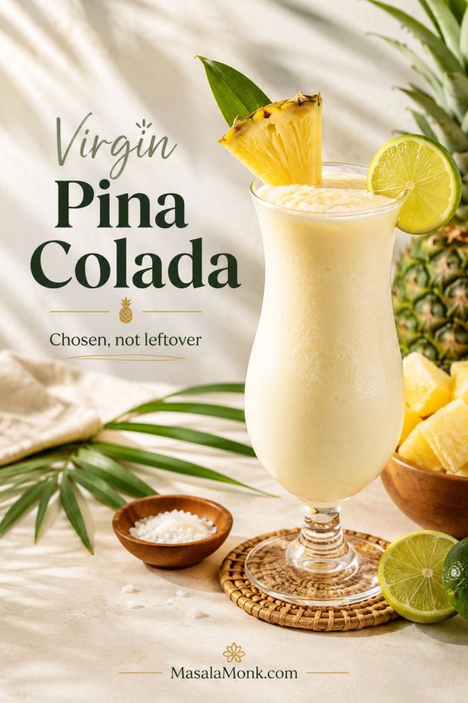 Virgin pina colada mocktail in an elegant glass with pineapple and cherry garnish, lime, and tropical styling.