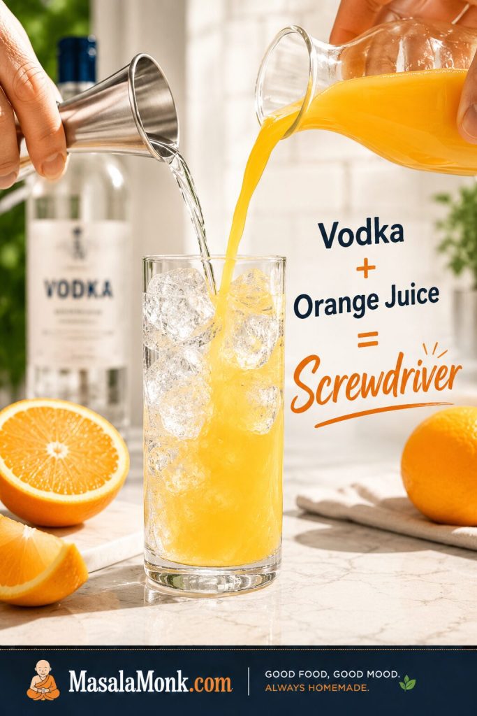 Vodka and orange juice being poured into an ice-filled highball glass to make a Screwdriver cocktail.