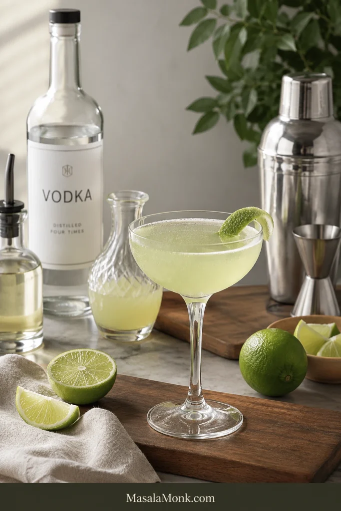 Vodka Gimlet in a coupe glass with lime garnish, vodka bottle, lime juice, simple syrup, shaker, and jigger.