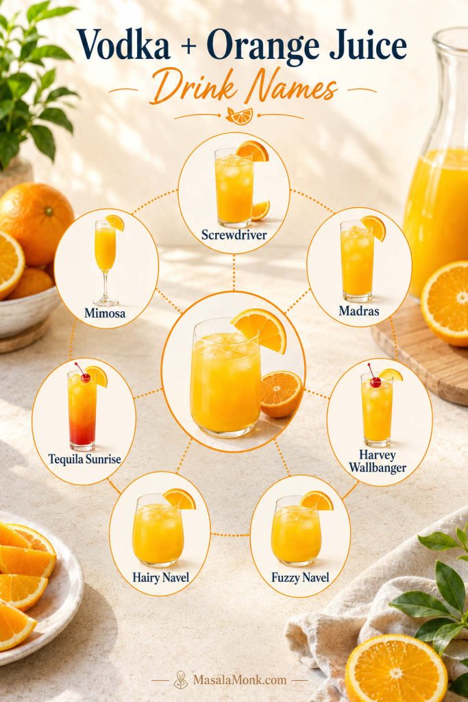 Circular drink-name map showing Screwdriver, Madras, Harvey Wallbanger, Fuzzy Navel, Hairy Navel, Tequila Sunrise, and Mimosa around an orange drink.