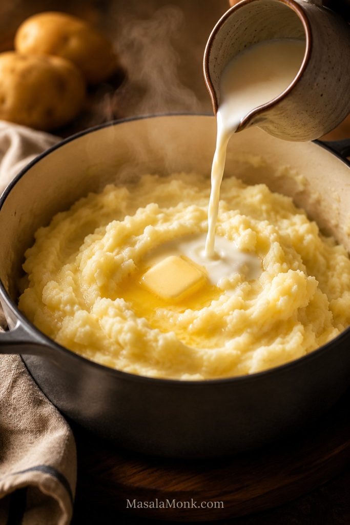 Warm milk being poured into mashed potatoes while butter melts into the mixture.
