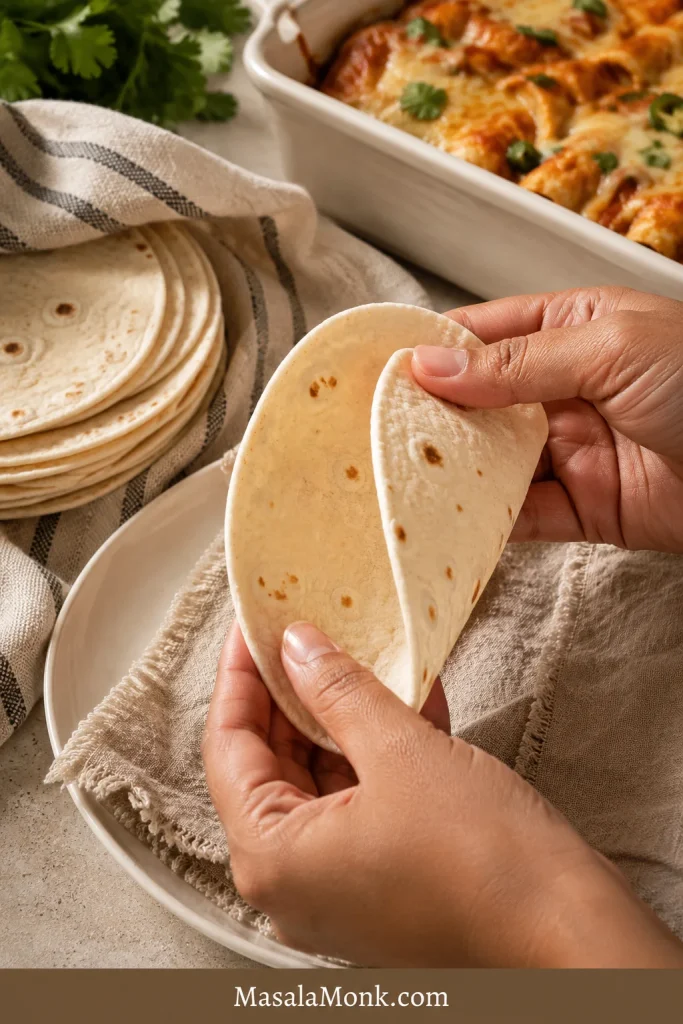 Hands gently bending a warm flour tortilla without cracking, with a stack of tortillas and enchiladas in the background.