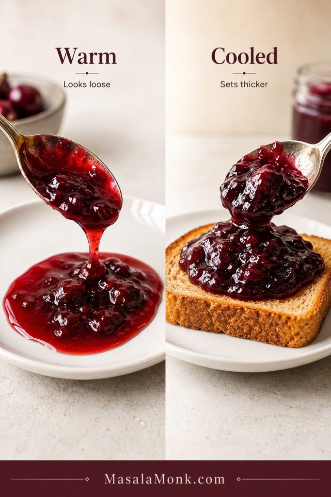 Side-by-side comparison of warm cherry jam dripping from a spoon and cooled cherry jam holding thicker on toast.