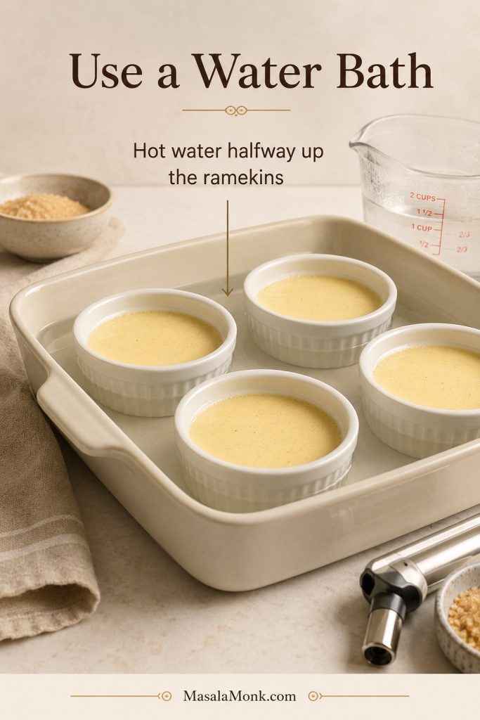 White crème brûlée ramekins sitting in a baking dish with hot water reaching halfway up the sides.