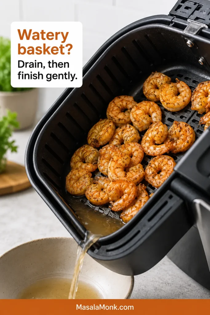 Air fryer basket tilted over a bowl while liquid drains from cooked shrimp inside the basket.