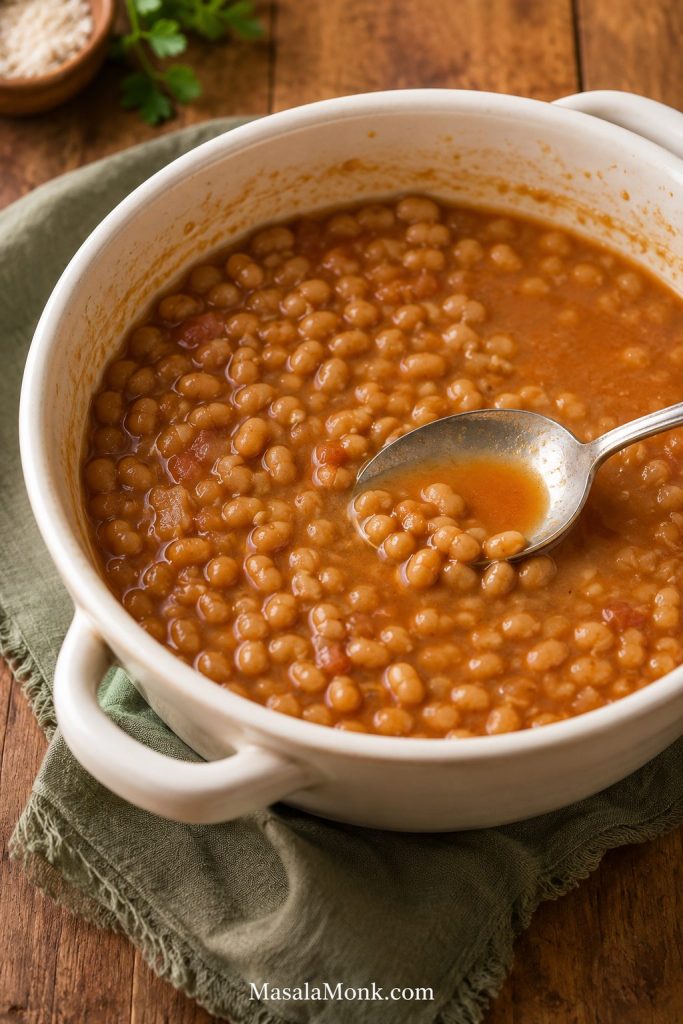 Watery baked beans in a deep cream casserole with loose sauce.