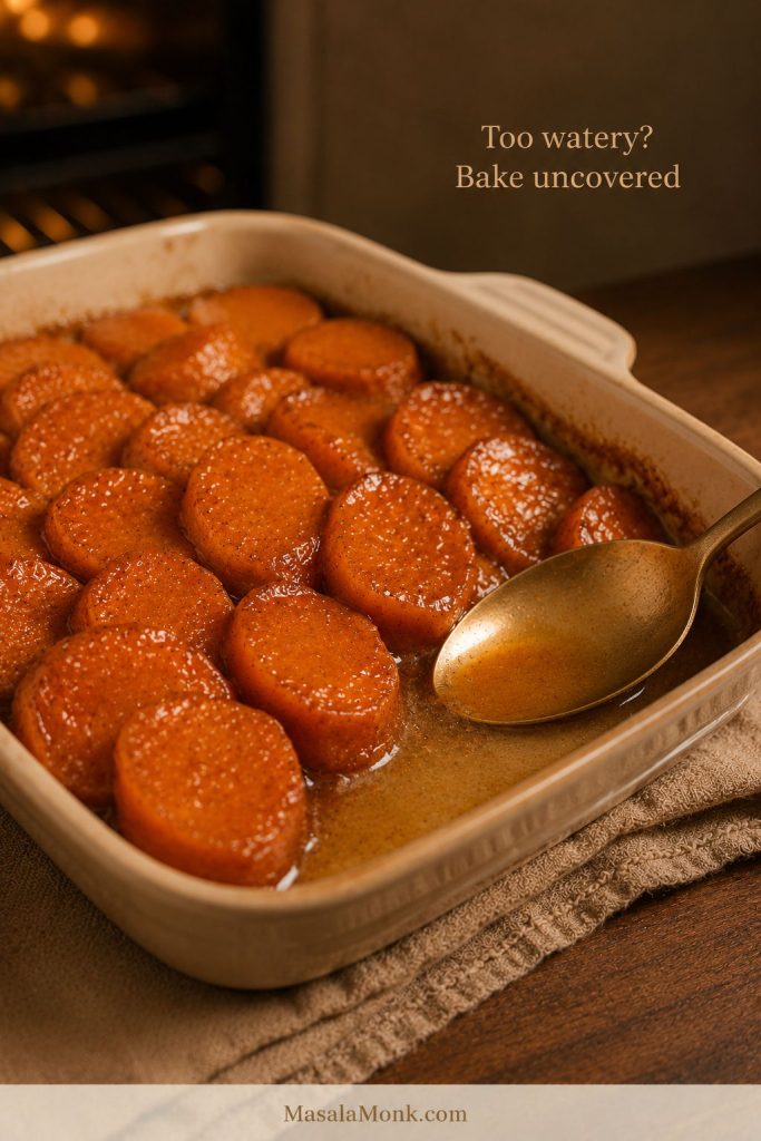 Candied yams in a baking dish with a spoon lifting thin liquid from one corner and visible text reading Too watery? Bake uncovered.