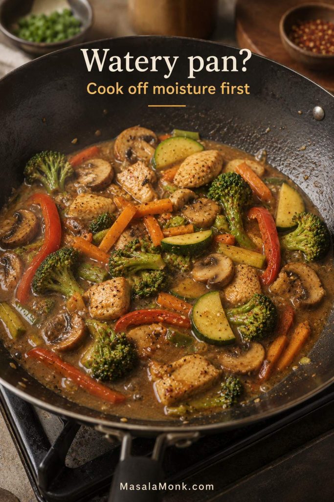 Wok of chicken and vegetables sitting in thin watery sauce with text reading “Watery pan? Cook off moisture first.”