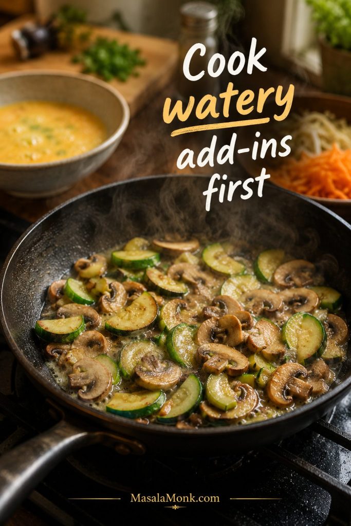 Mushrooms and zucchini being sautéed in a skillet before being added to Egg Foo Young batter.