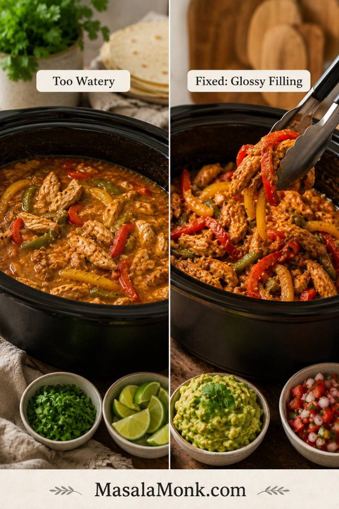 Before and after comparison showing watery slow cooker chicken fajitas on one side and drained glossy chicken fajita filling on the other.