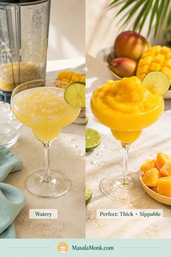 Side-by-side comparison of a watery pale mango daiquiri and a thick golden mango daiquiri with lime garnishes, ice, and mango nearby.