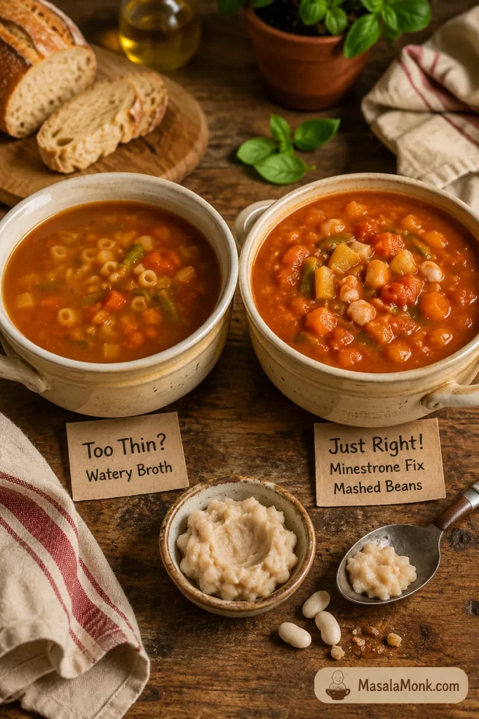 Two bowls of minestrone comparing thin watery broth with richer tomato broth, with mashed white beans shown as the thickening fix.