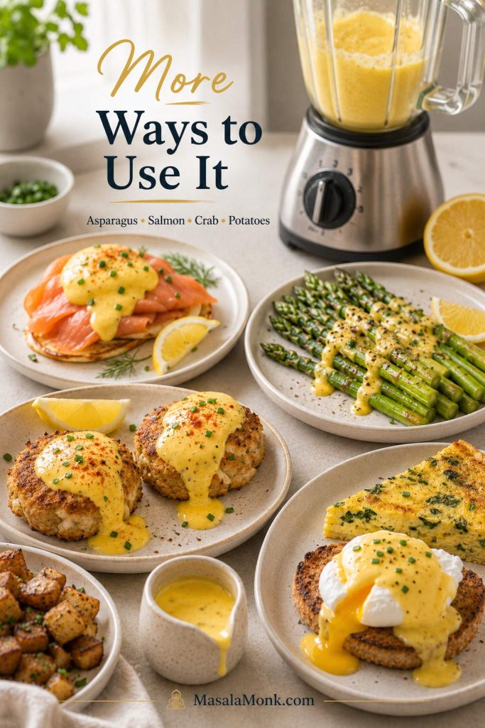 Brunch spread with hollandaise on asparagus, smoked salmon, crab cakes, potatoes, and poached egg.