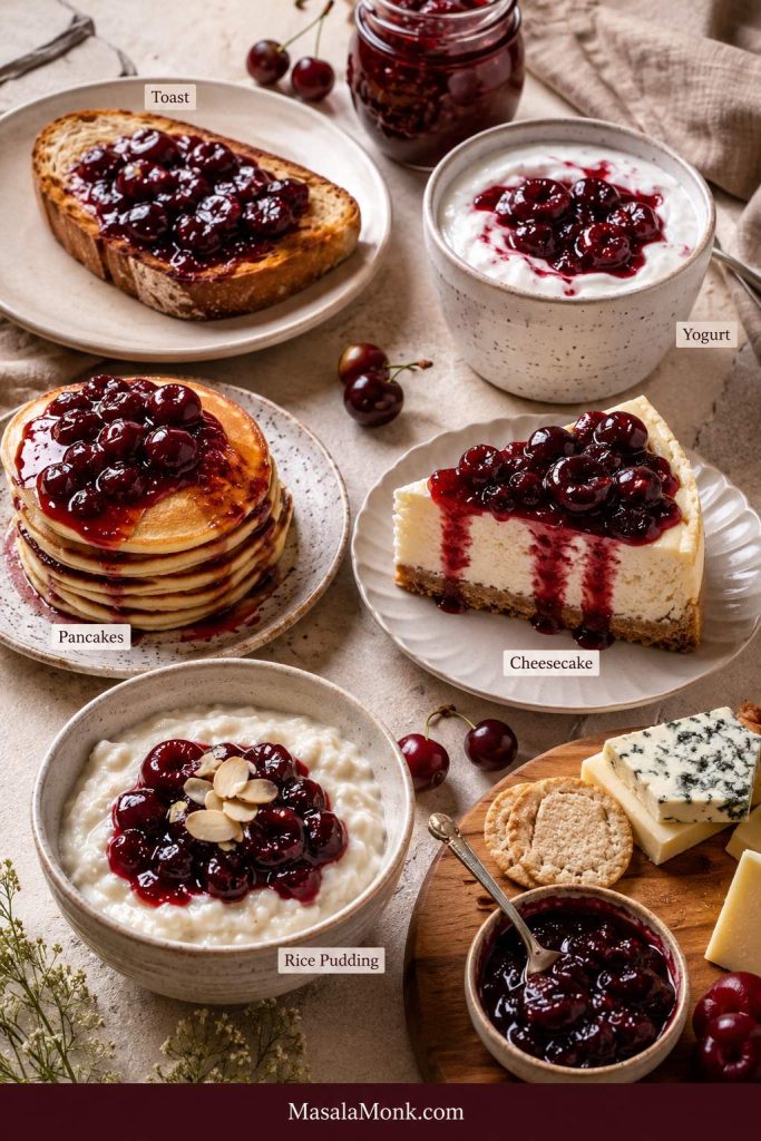 Cherry jam served with toast, yogurt, pancakes, cheesecake, rice pudding, and a small cheese board.
