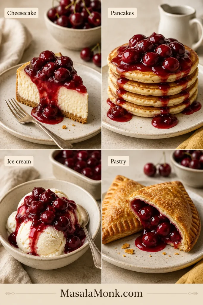 Cherry pie filling served on cheesecake, pancakes, vanilla ice cream, and puff pastry.
