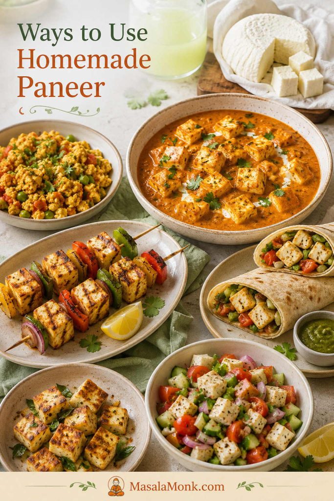 Homemade paneer used in curry, bhurji, tikka skewers, wraps, salad, and pan-seared cubes.