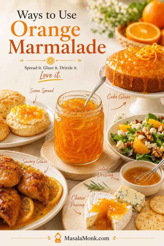 Orange marmalade served with scones, cake glaze, savory glazed chicken, salad dressing, cheese, crackers, and a central jar.
