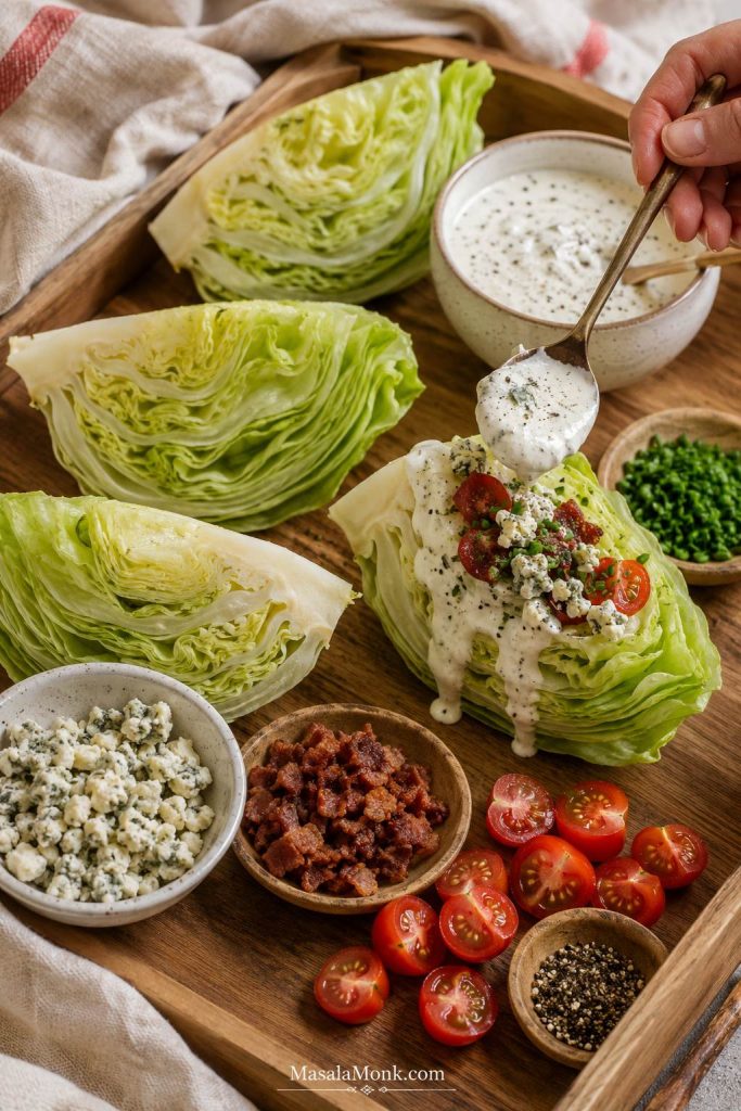 Iceberg lettuce wedges on a wooden tray with blue cheese dressing, bacon bits, cherry tomatoes, chives, blue cheese crumbles, black pepper, and one wedge being dressed.