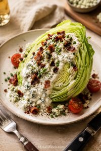 Iceberg lettuce wedge on a cream plate with blue cheese dressing, bacon, cherry tomatoes, chives, blue cheese crumbles, black pepper, and a fork and knife nearby.